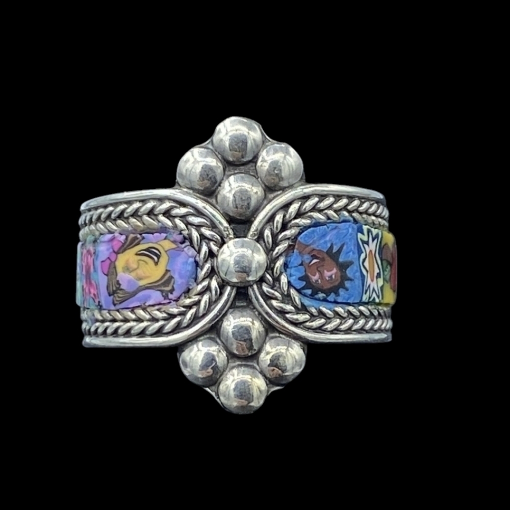 Vintage Size 8 Enamel Millefiori and 925 Sterling Silver Ring - Picture 1 of 5